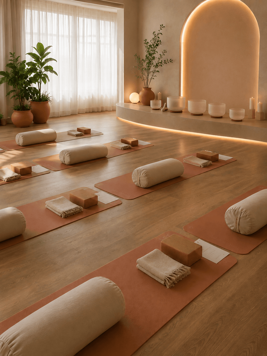Sala de yoga preparada com tapetes, almofadas, blocos e taças tibetanas sob luz natural